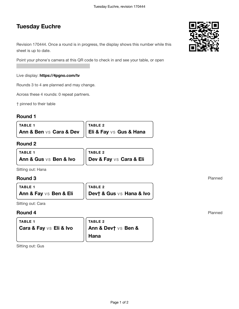 Page 1 of a printed schedule: the league's name and revision, then rounds 1 to 4, each table's players, and who sits out.