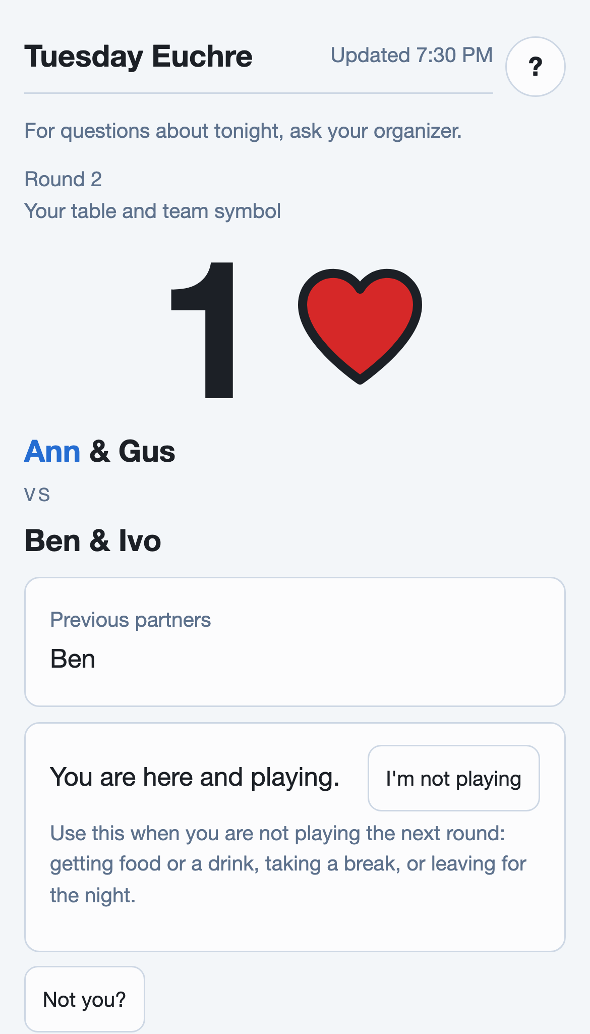 A player's phone in round 2: Ann's table number, Ann and a partner against two opponents, and Ann's earlier partner listed below.