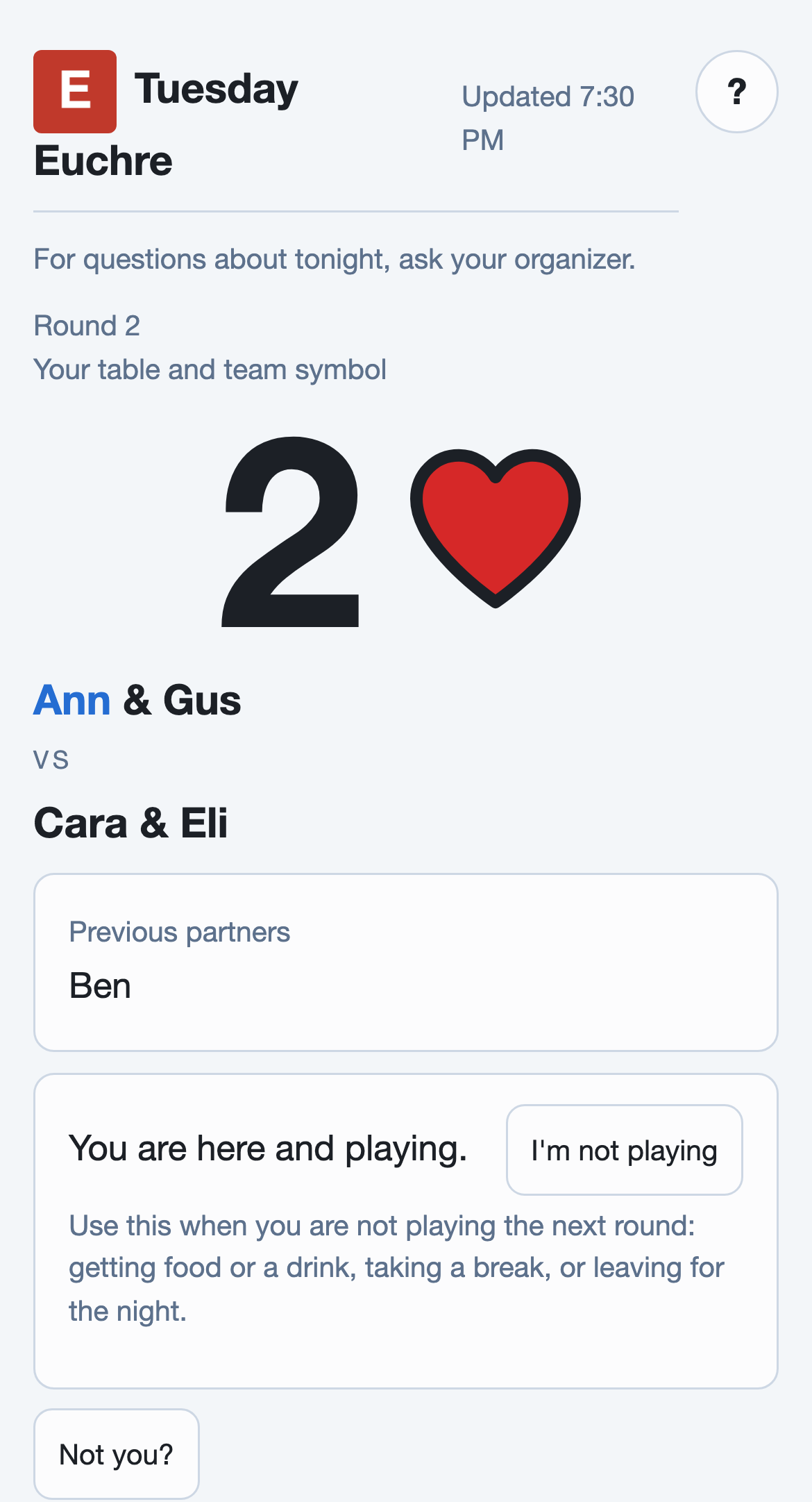 A player's phone in round 2: Ann's table number, Ann and a partner against two opponents, and Ann's earlier partner listed below.