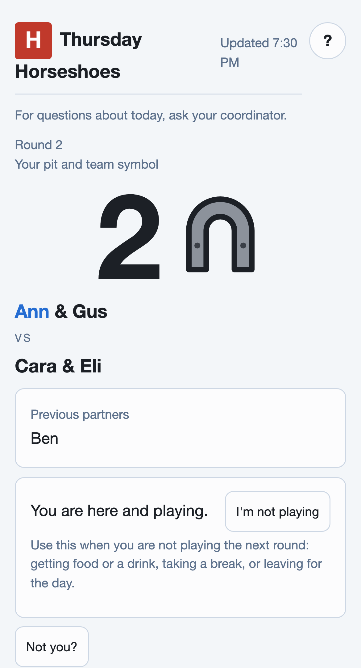 A player's phone in round 2: Ann's pit number, Ann and a partner against two opponents, and Ann's earlier partner listed below.